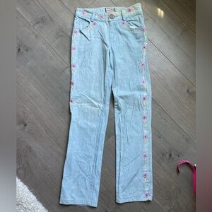Vintage Mumu Home Floral Embroidered Light Blue Jeans Size Small Waist 27.5